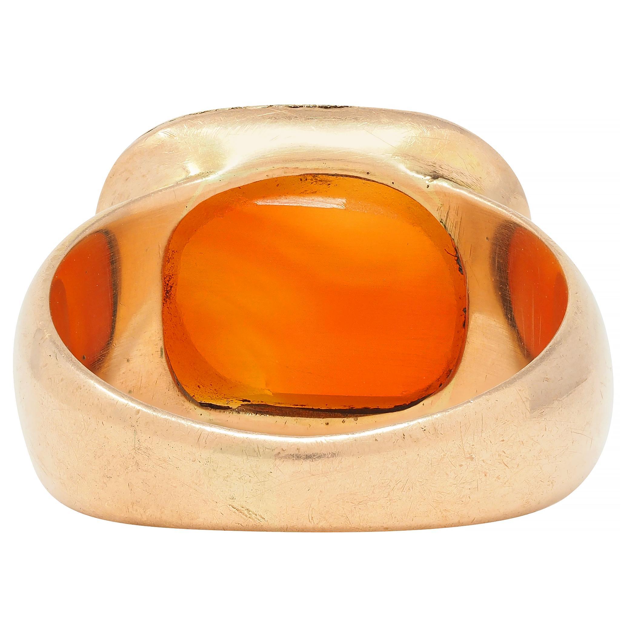 Victorian Carnelian 14 Karat Rose Gold Antique Unisex Signet Ring In Excellent Condition For Sale In Philadelphia, PA