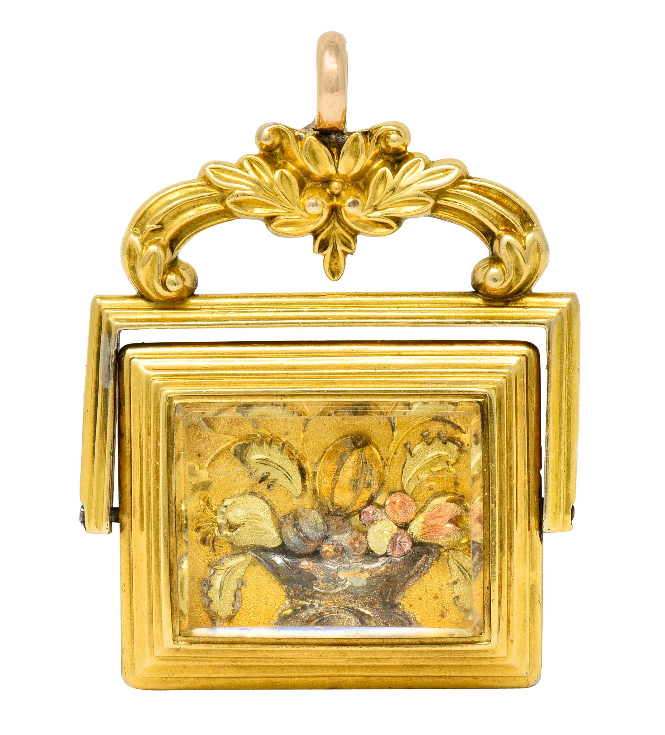 Square Cut Victorian Carnelian 14 Karat Tri-Color Gold Bountiful Still Life Pendant Fob