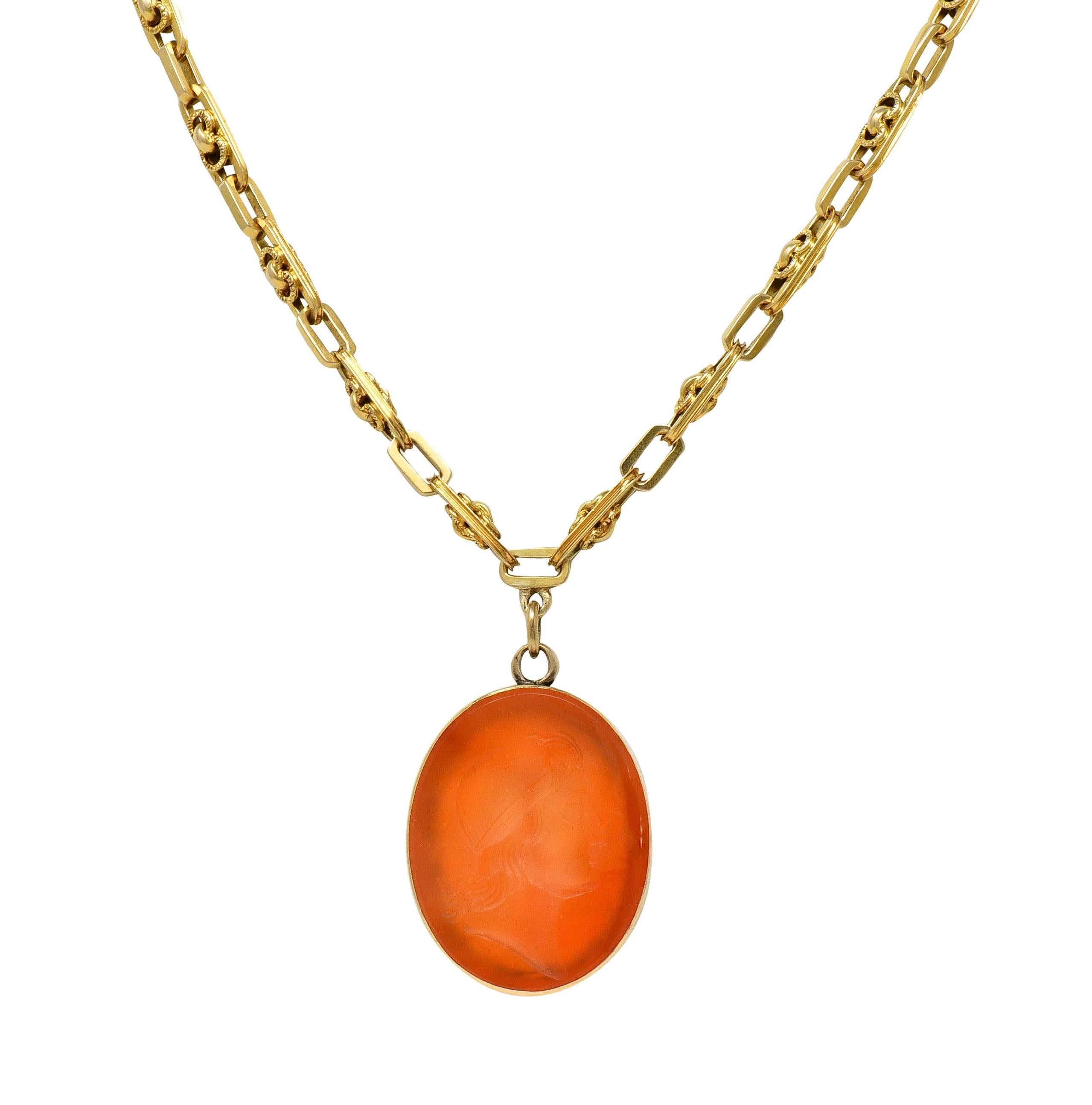 Collier pendentif camée ancien victorien en or 14 carats avec chaîne à maillons fantaisie en cornaline en vente 5