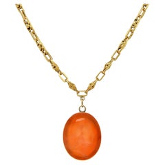 Victorian Carnelian 14K Gold Fancy Link Chain Cameo Antique Pendant Necklace