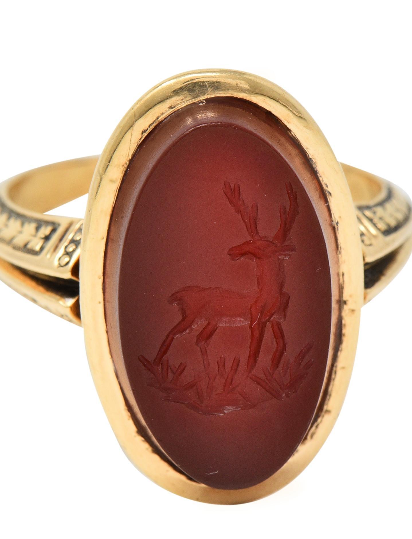 Victorian Carnelian 18 Karat Yellow Gold Stag Deer Intaglio Antique Signet Ring For Sale 9