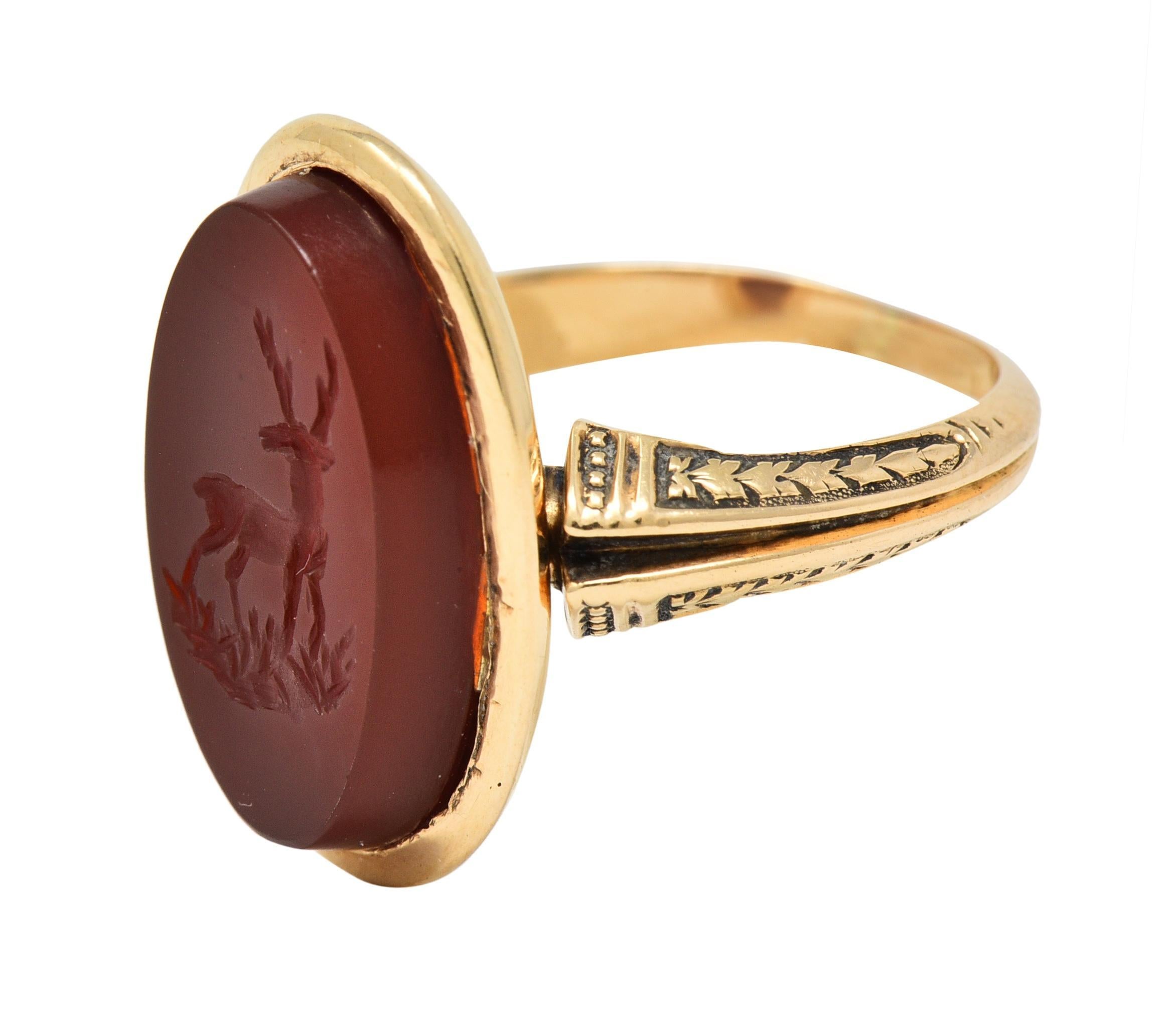 Victorian Carnelian 18 Karat Yellow Gold Stag Deer Intaglio Antique Signet Ring For Sale 10