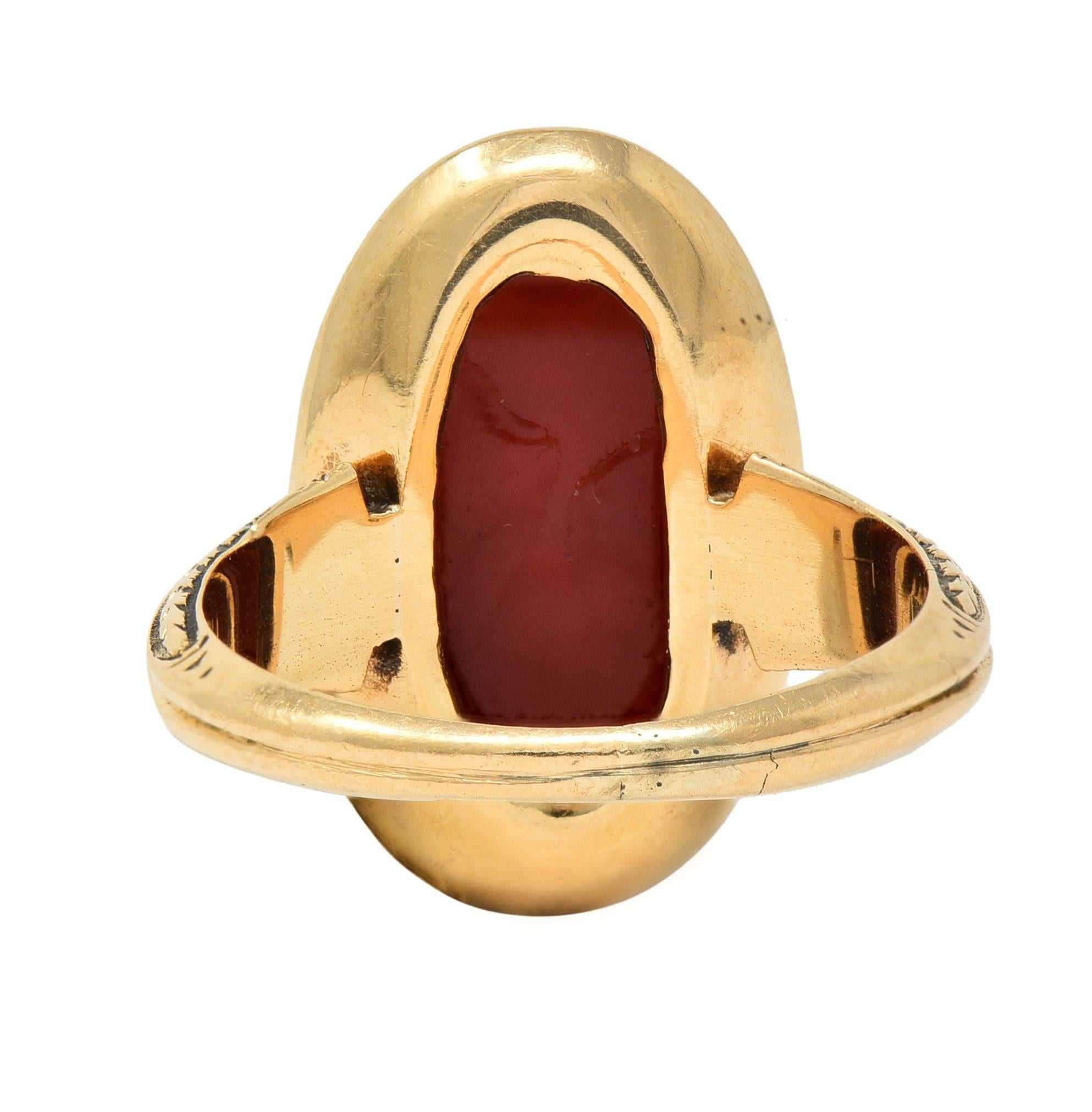 Victorian Carnelian 18 Karat Yellow Gold Stag Deer Intaglio Antique Signet Ring In Excellent Condition For Sale In Philadelphia, PA