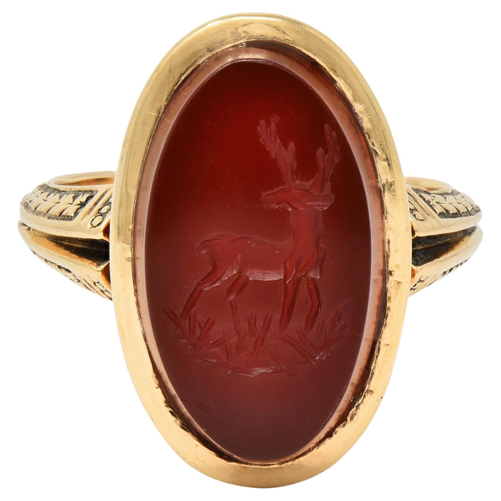 Victorian Carnelian 18 Karat Yellow Gold Stag Deer Intaglio Antique Signet Ring For Sale