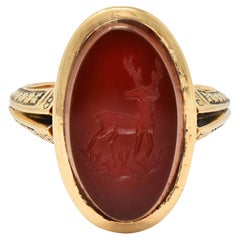 Victorian Carnelian 18 Karat Yellow Gold Stag Deer Intaglio Antique Signet Ring