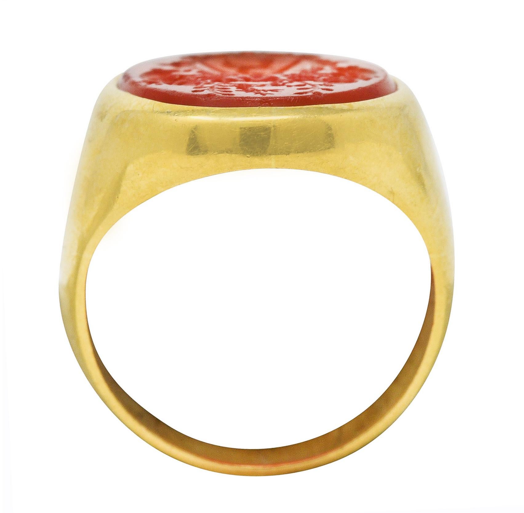 Victorian Carnelian 18 Karat Yellow Gold Unisex Oxford Jesus College Crest Ring 2