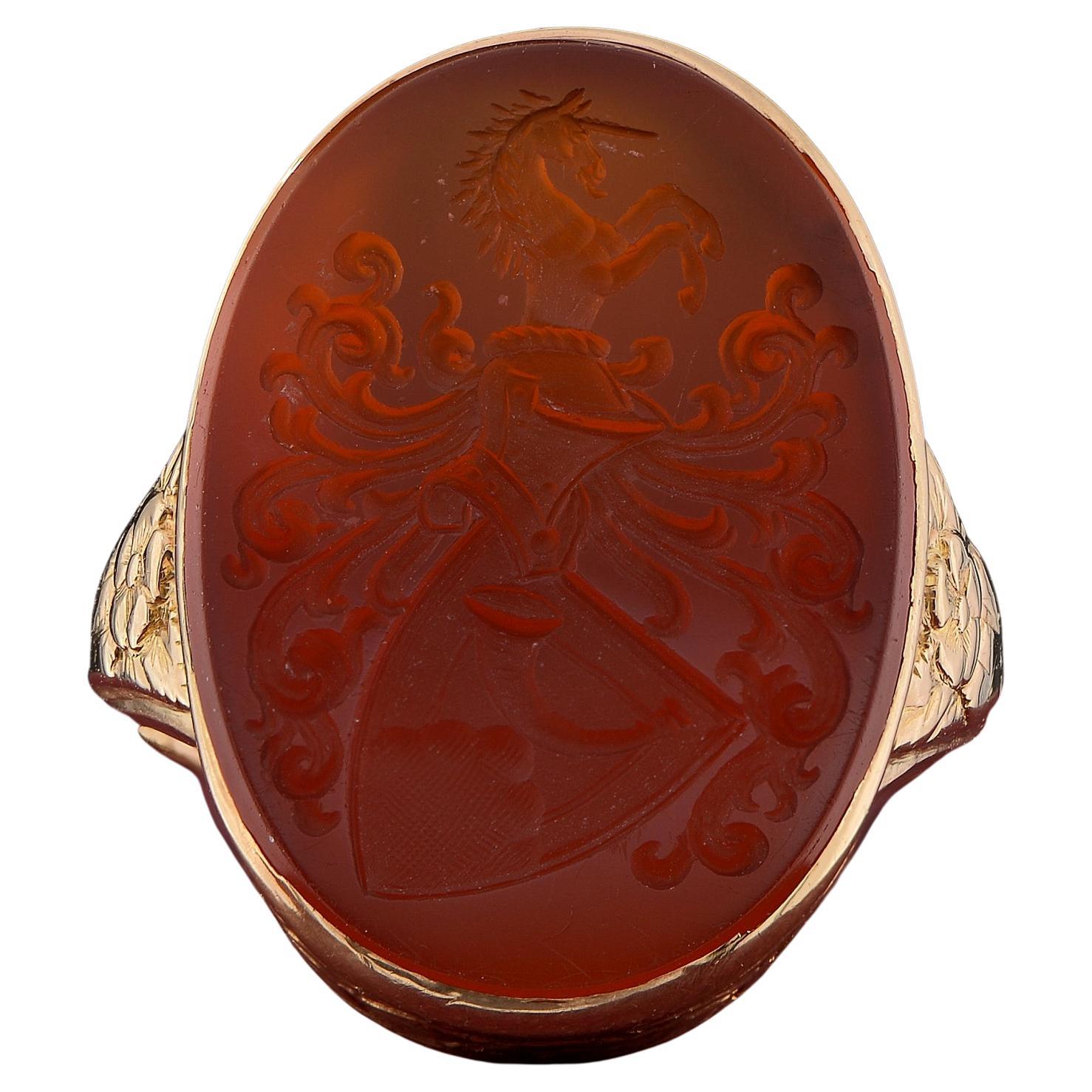 Victorian Carnelian Armorial Signet Ring 14 KT gold