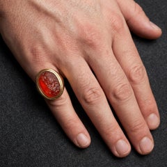 Victorian Carnelian Cameo Ring, Carved Bacchic Mask in 19th Century Gold