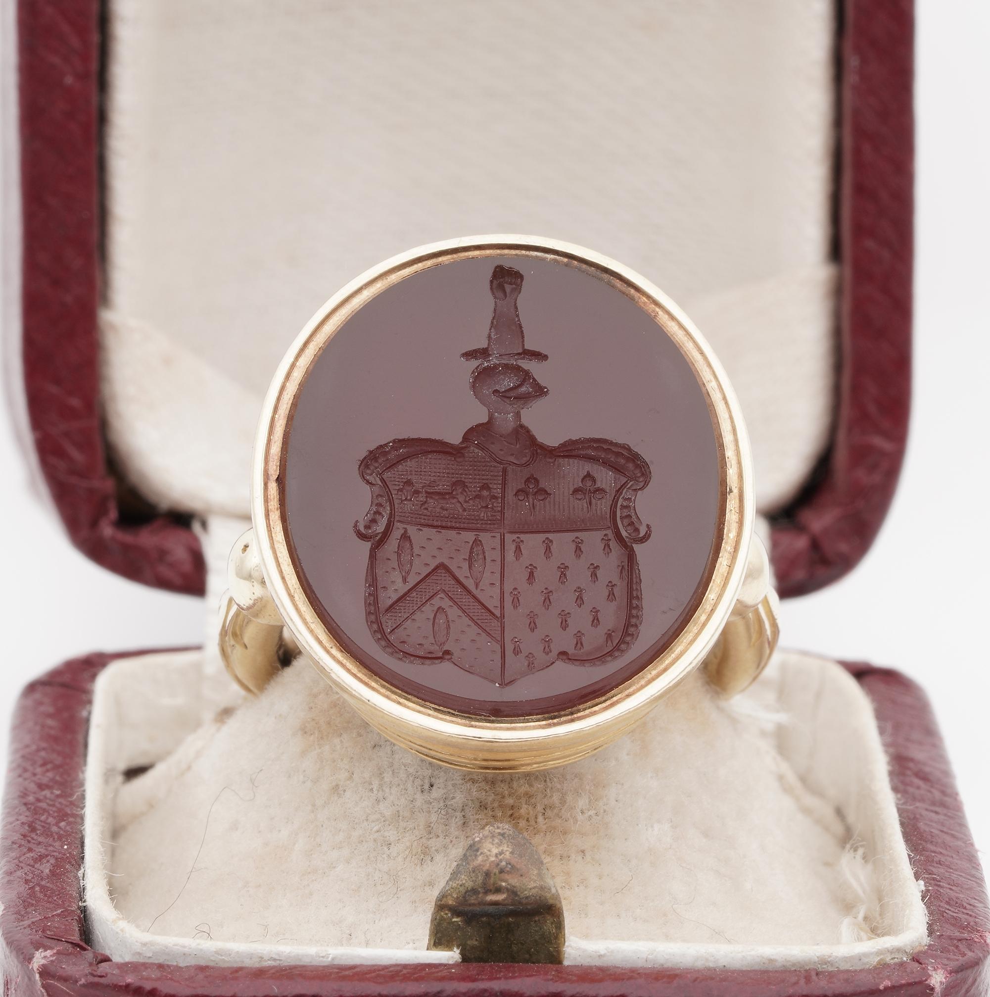 Stepping back into History
An impressive antique Carnelian intaglio seal ring, bearing full British hallmarks for 1868 age and 18 ct gold
The face set with a large oval piece of Carnelian, reverse engraved to depict coat of arms, exquisitely made