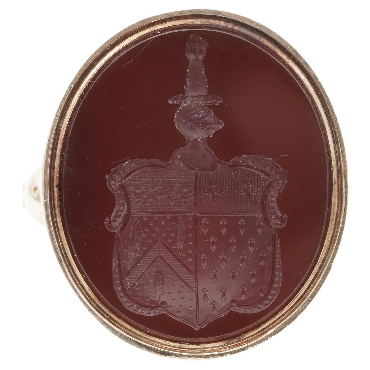 Victorian Carnelian Coat Of Arms Intaglio Seal Ring English 1868 18 KT gold For Sale