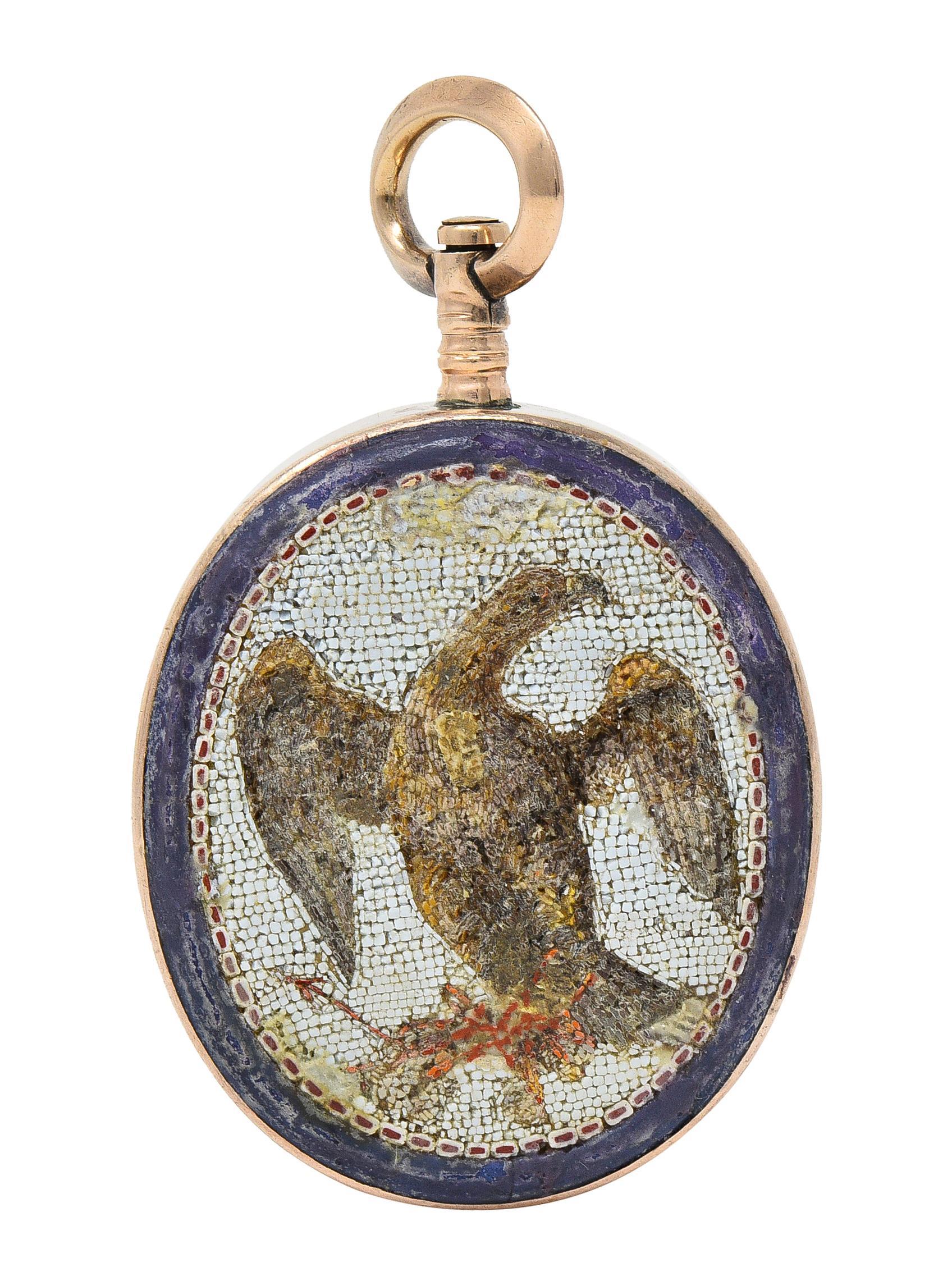 Victorian Carnelian Enamel Micro-Mosaic 14 Karat Gold Intaglio Eagle Pendant For Sale 5