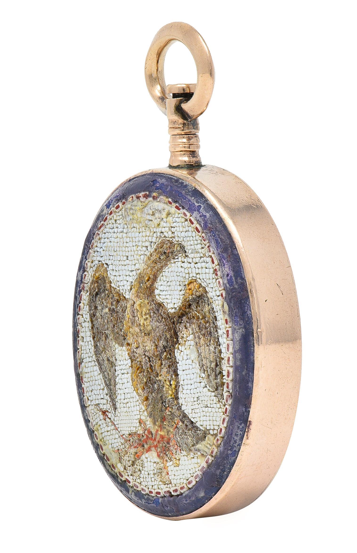 Oval Cut Victorian Carnelian Enamel Micro-Mosaic 14 Karat Gold Intaglio Eagle Pendant For Sale