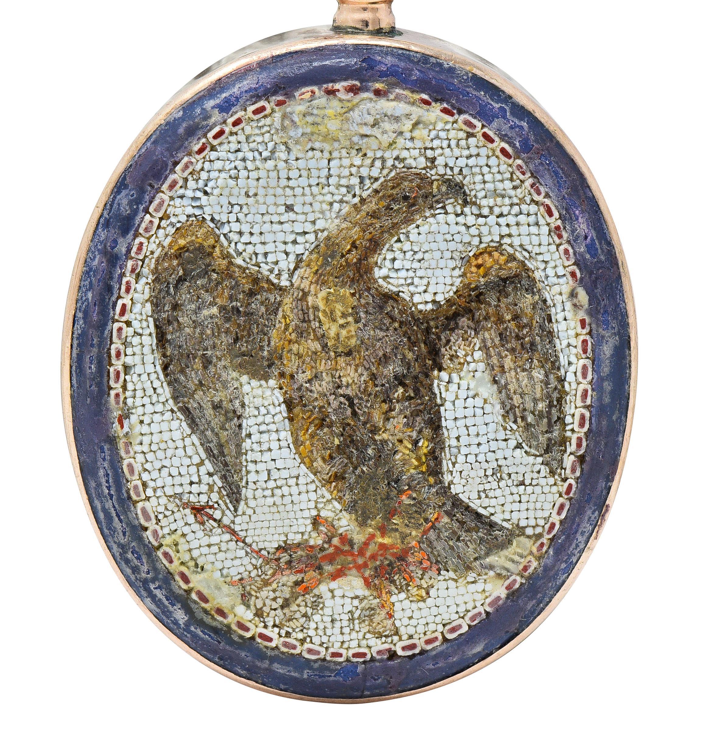 Women's or Men's Victorian Carnelian Enamel Micro-Mosaic 14 Karat Gold Intaglio Eagle Pendant For Sale