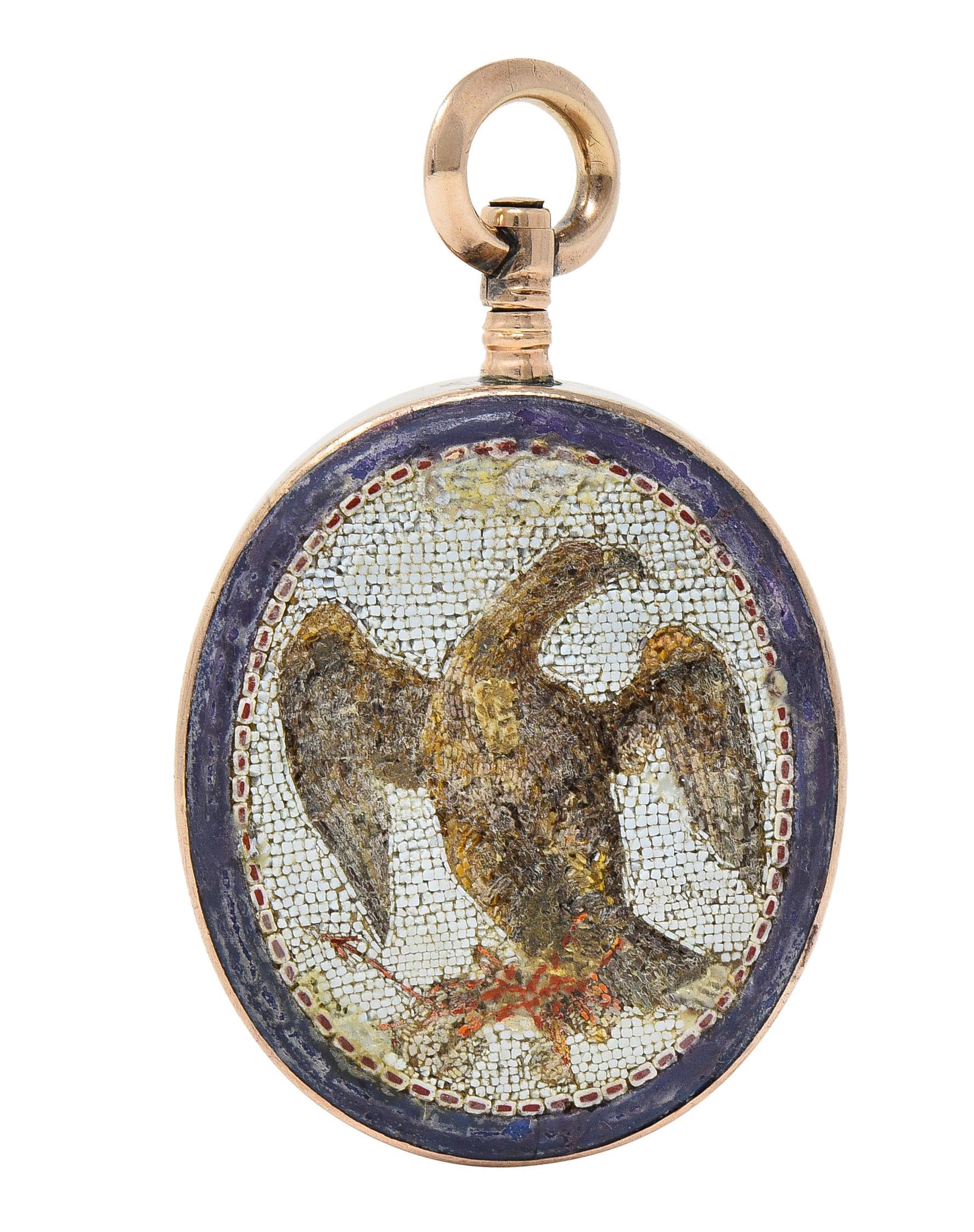 Victorian Carnelian Enamel Micro-Mosaic 14 Karat Gold Intaglio Eagle Pendant For Sale 3