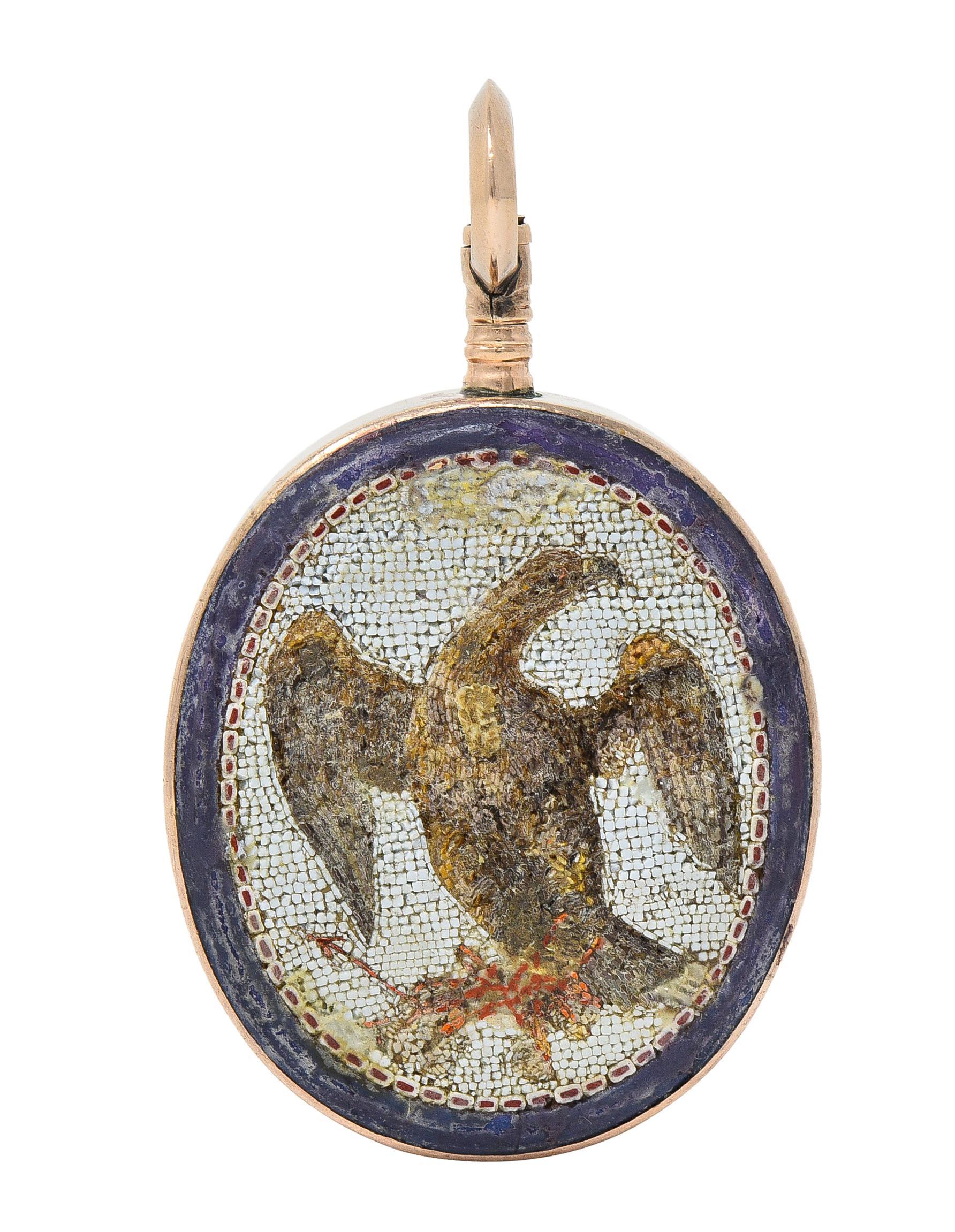 Victorian Carnelian Enamel Micro-Mosaic 14 Karat Gold Intaglio Eagle Pendant For Sale 4