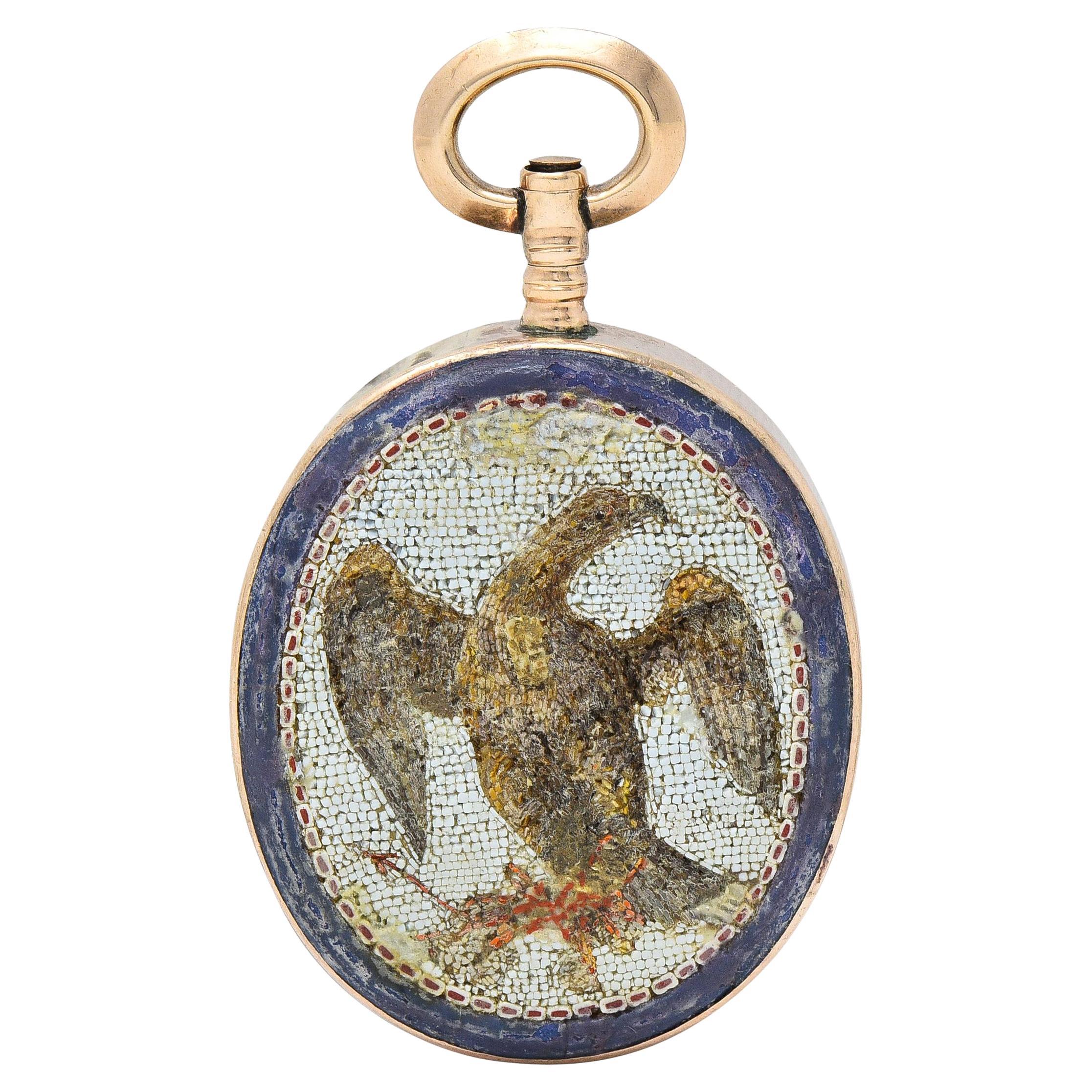 Victorian Carnelian Enamel Micro-Mosaic 14 Karat Gold Intaglio Eagle Pendant