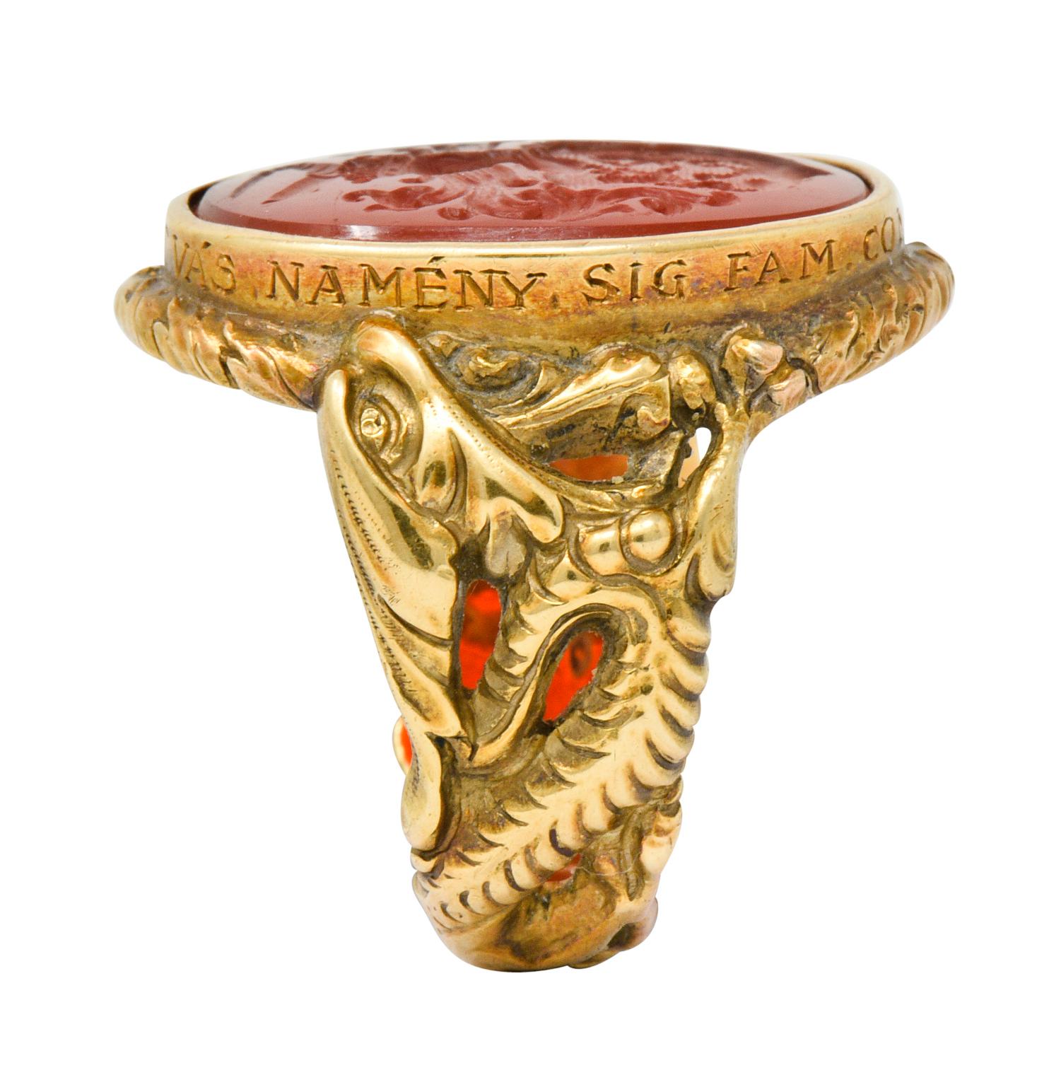 Victorian Carnelian Intaglio 14 Karat Gold Heraldry Men's Dragon Signet Ring 2