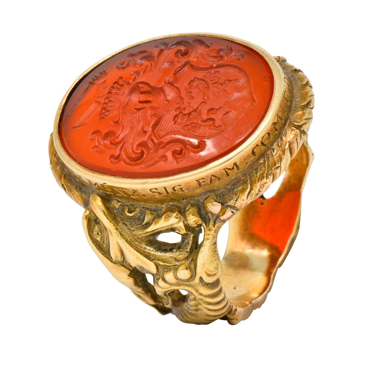 Victorian Carnelian Intaglio 14 Karat Gold Heraldry Men's Dragon Signet Ring 5