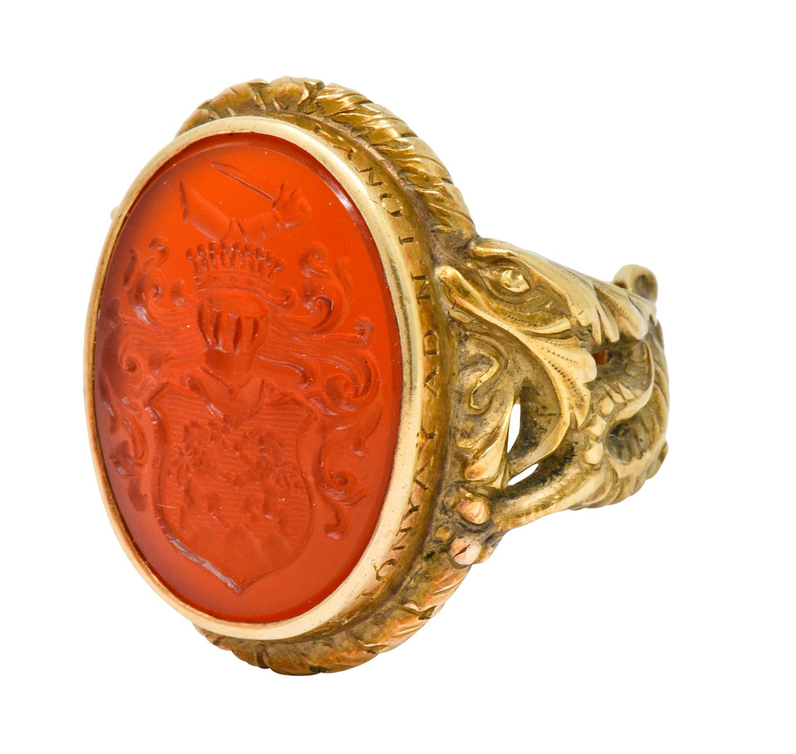 Oval Cut Victorian Carnelian Intaglio 14 Karat Gold Heraldry Men's Dragon Signet Ring