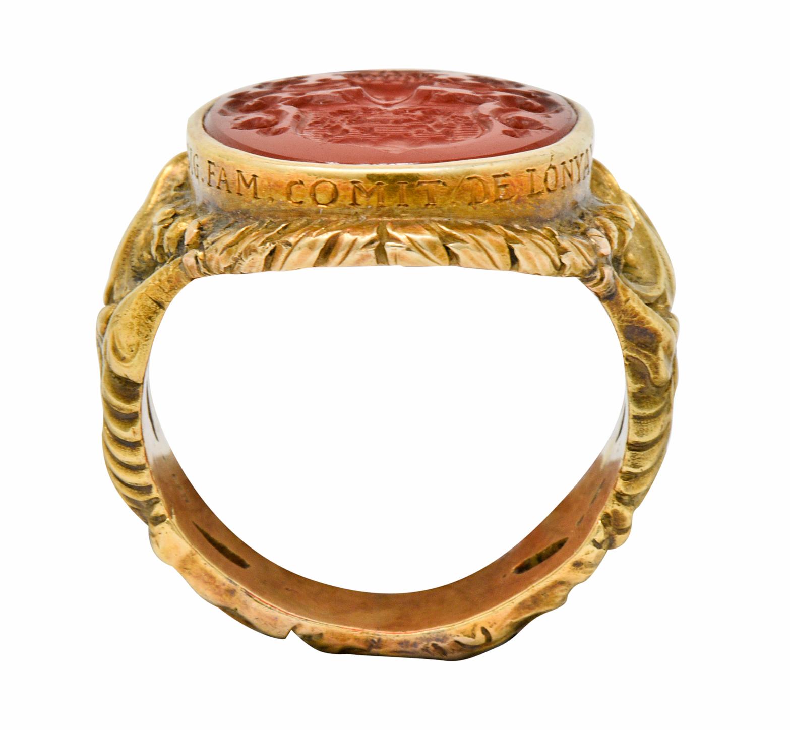 Victorian Carnelian Intaglio 14 Karat Gold Heraldry Men's Dragon Signet Ring 1