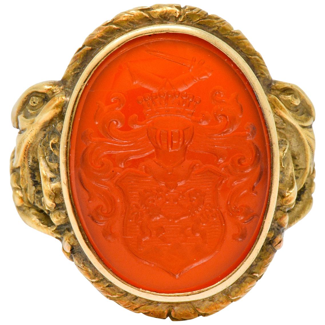 Victorian Carnelian Intaglio 14 Karat Gold Heraldry Men's Dragon Signet Ring