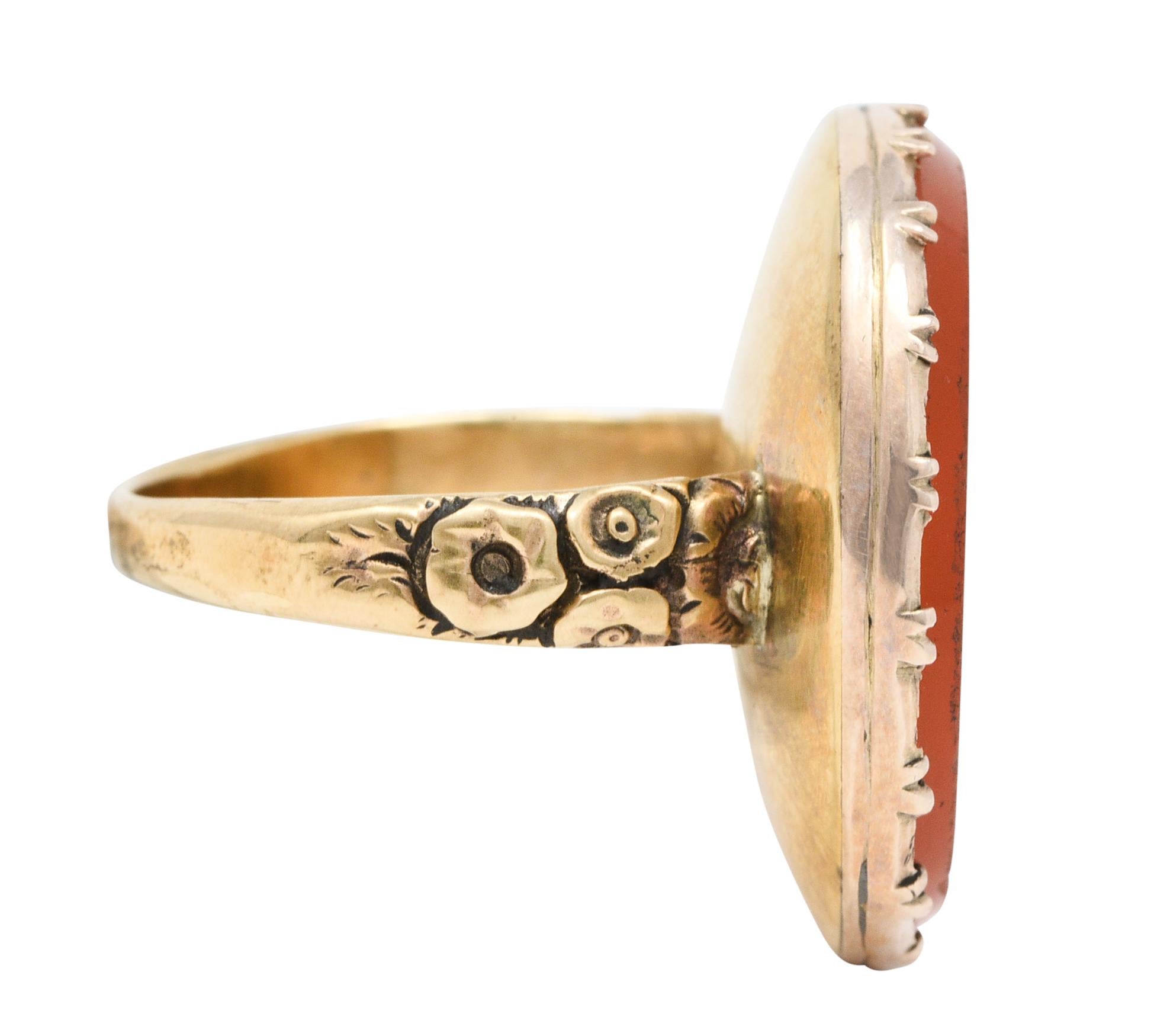 Oval Cut Victorian Carnelian Intaglio 14 Karat Gold Unisex Heraldry Signet Ring