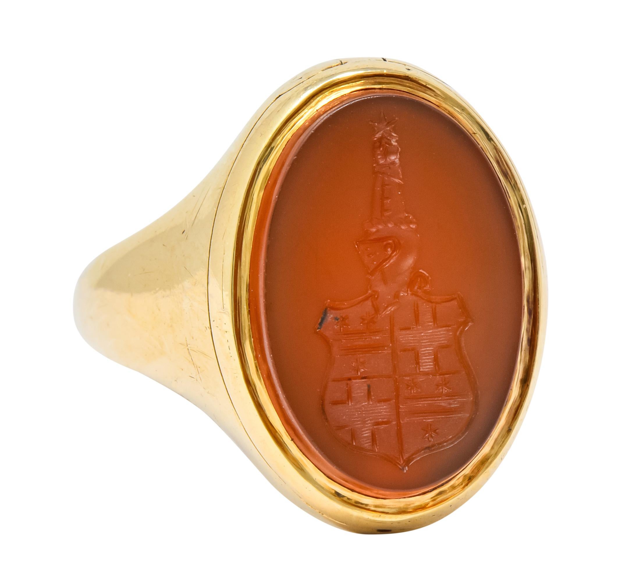 Oval Cut Victorian Carnelian Intaglio 14 Karat Gold Unisex Locket Ring