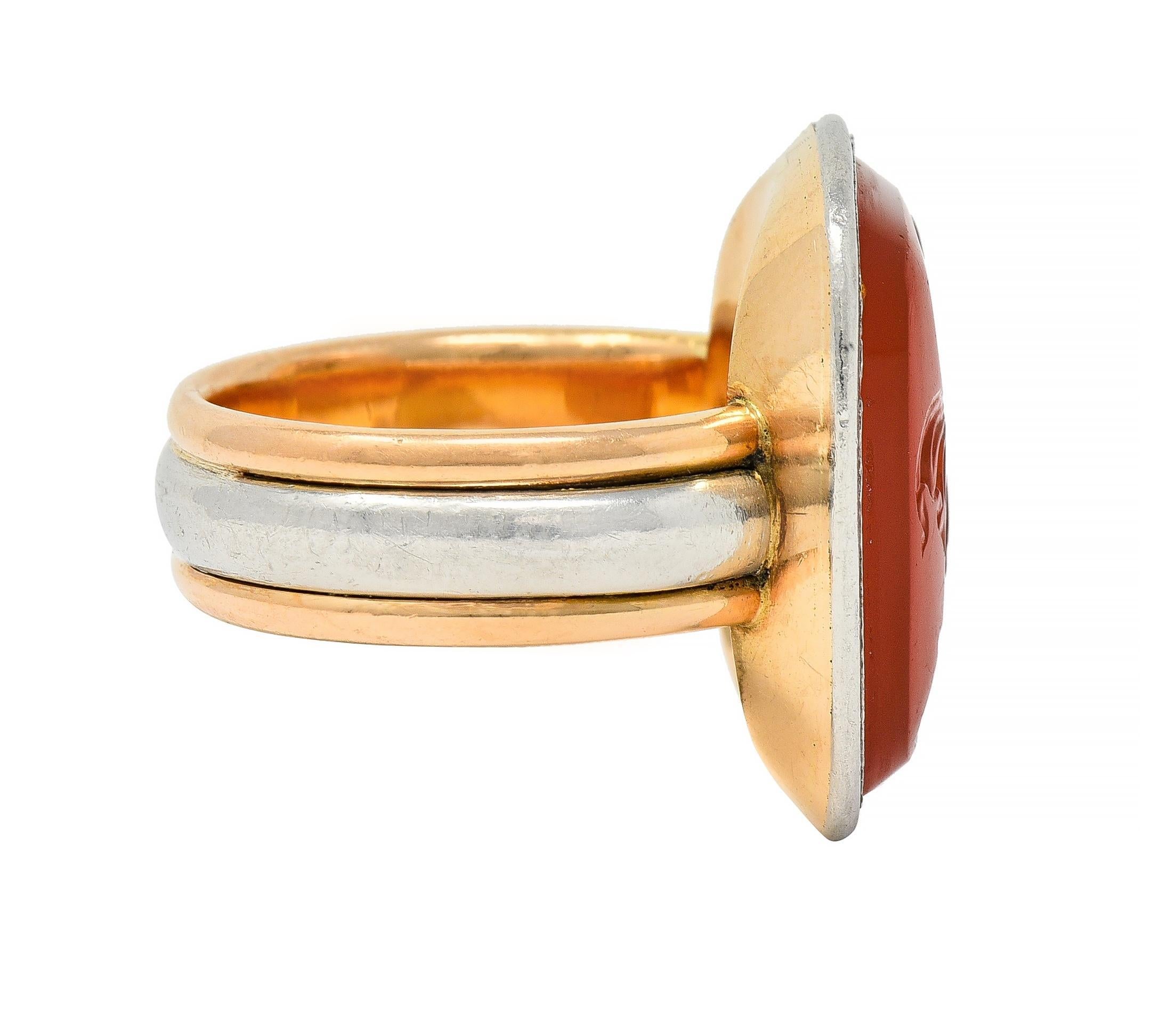 Cushion Cut Victorian Carnelian Platinum 18 Karat Rose Gold Intaglio Atlas Antique Ring For Sale