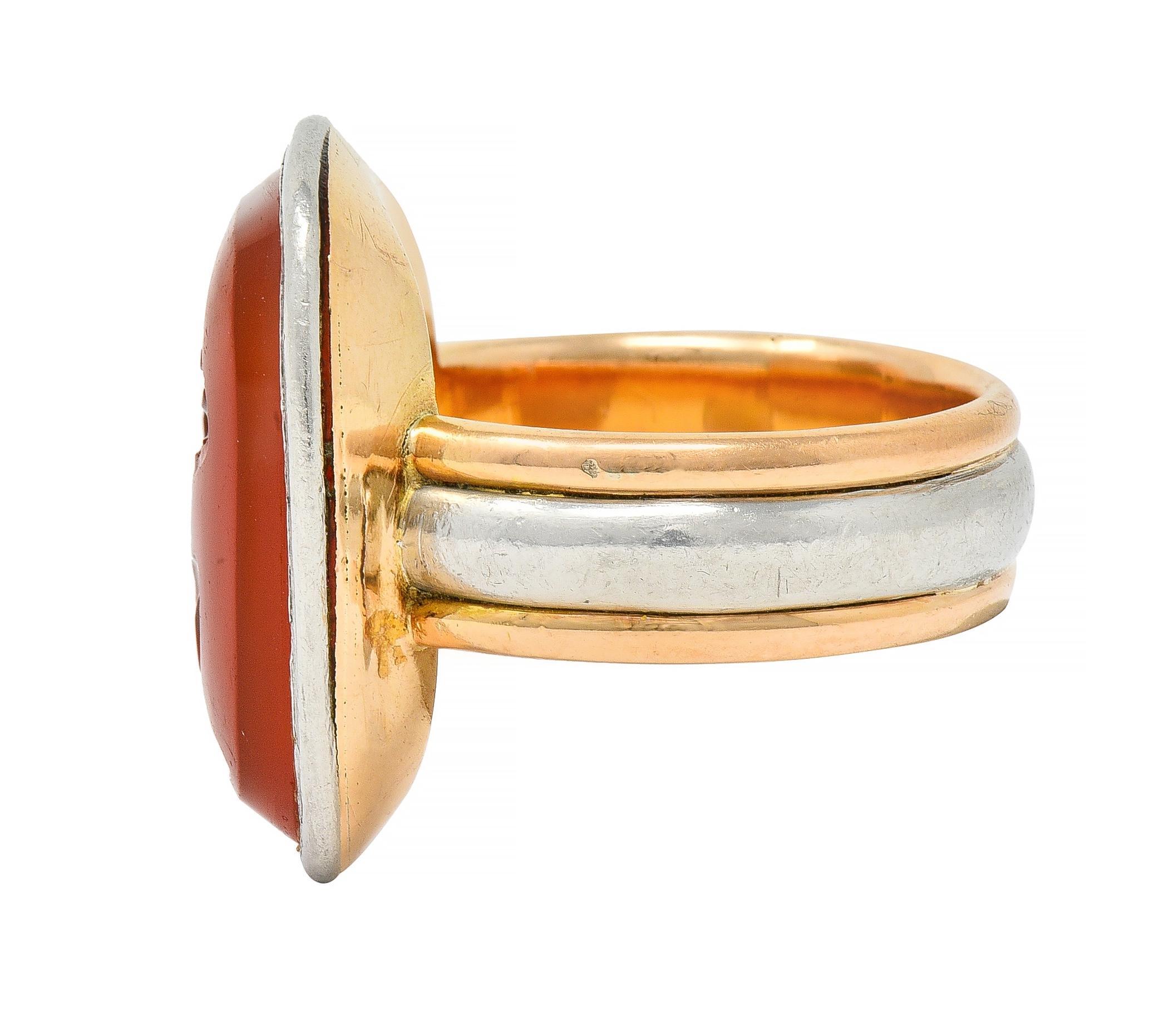 Women's Victorian Carnelian Platinum 18 Karat Rose Gold Intaglio Atlas Antique Ring For Sale
