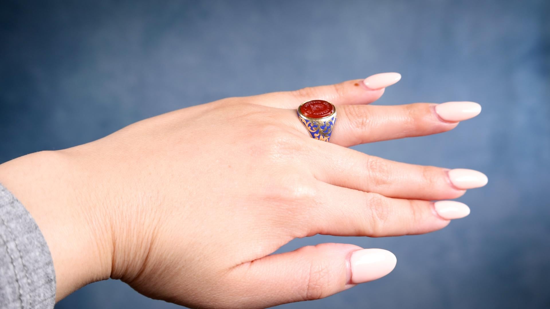 Tumbled Victorian Carnelian Royal Blue Enamel Yellow Gold Signet Ring For Sale