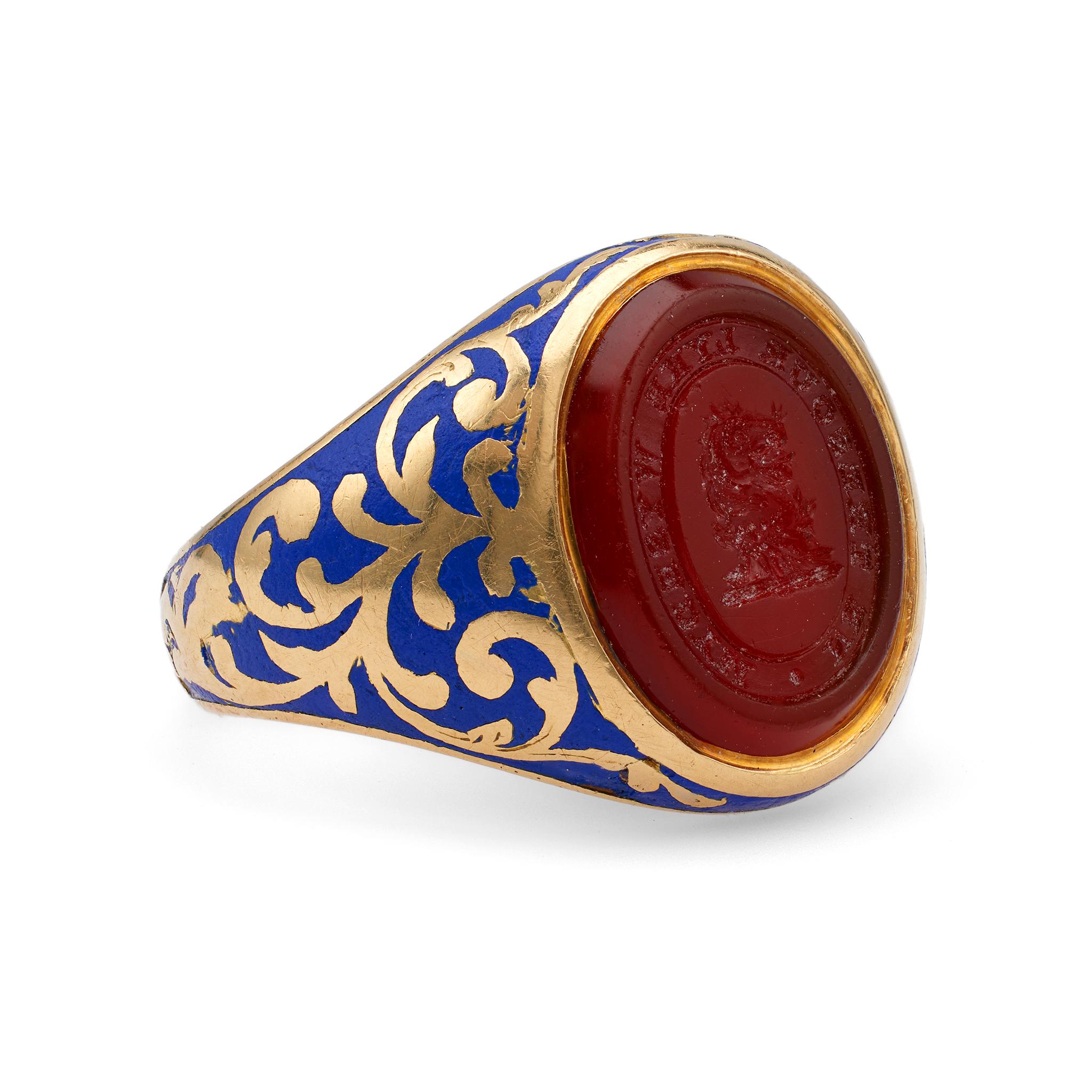 Victorian Carnelian Royal Blue Enamel Yellow Gold Signet Ring In Good Condition In Beverly Hills, CA