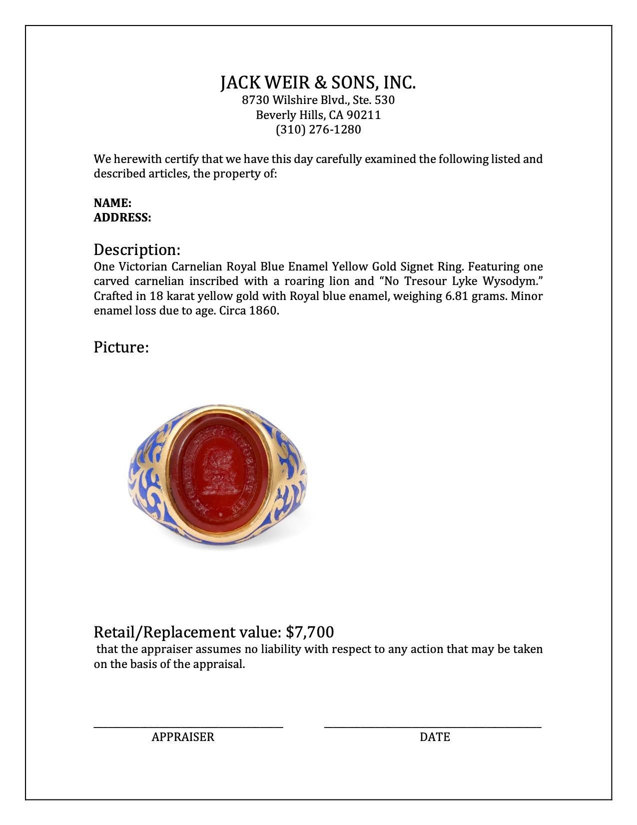Women's or Men's Victorian Carnelian Royal Blue Enamel Yellow Gold Signet Ring For Sale