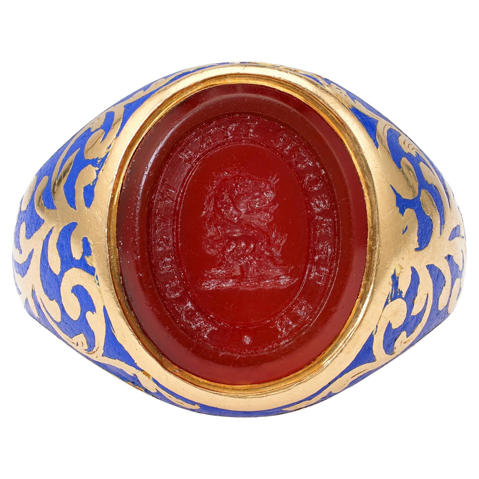 Victorian Carnelian Royal Blue Enamel Yellow Gold Signet Ring For Sale
