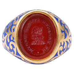 Vintage Victorian Carnelian Royal Blue Enamel Yellow Gold Signet Ring