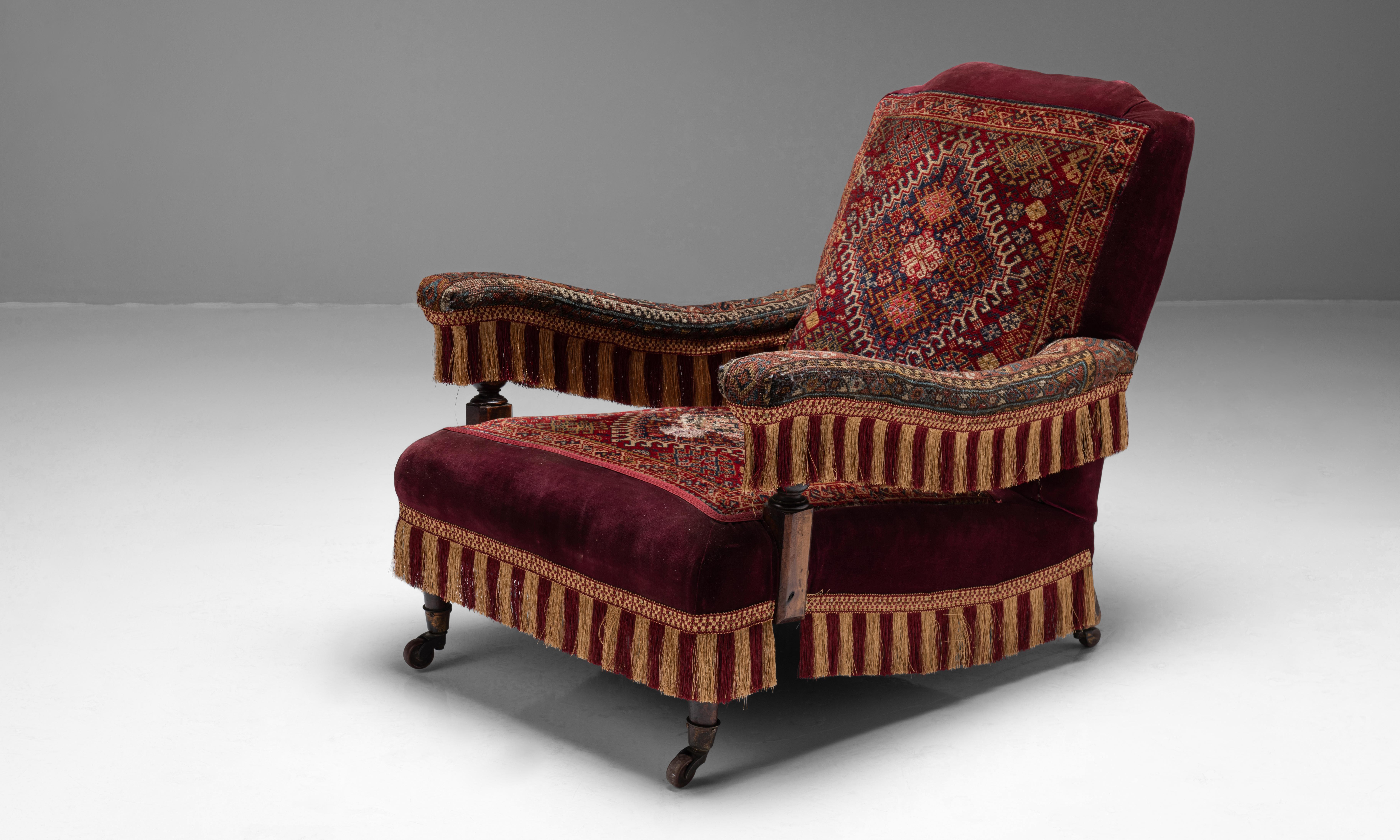 Victorian carpet chair, England, circa 1880

Exquisite carpet chair with original velvet + carpet panel upholstery and two-tone decorative fringe.

Measures: 30 W x 39 D x 32.75 H.
