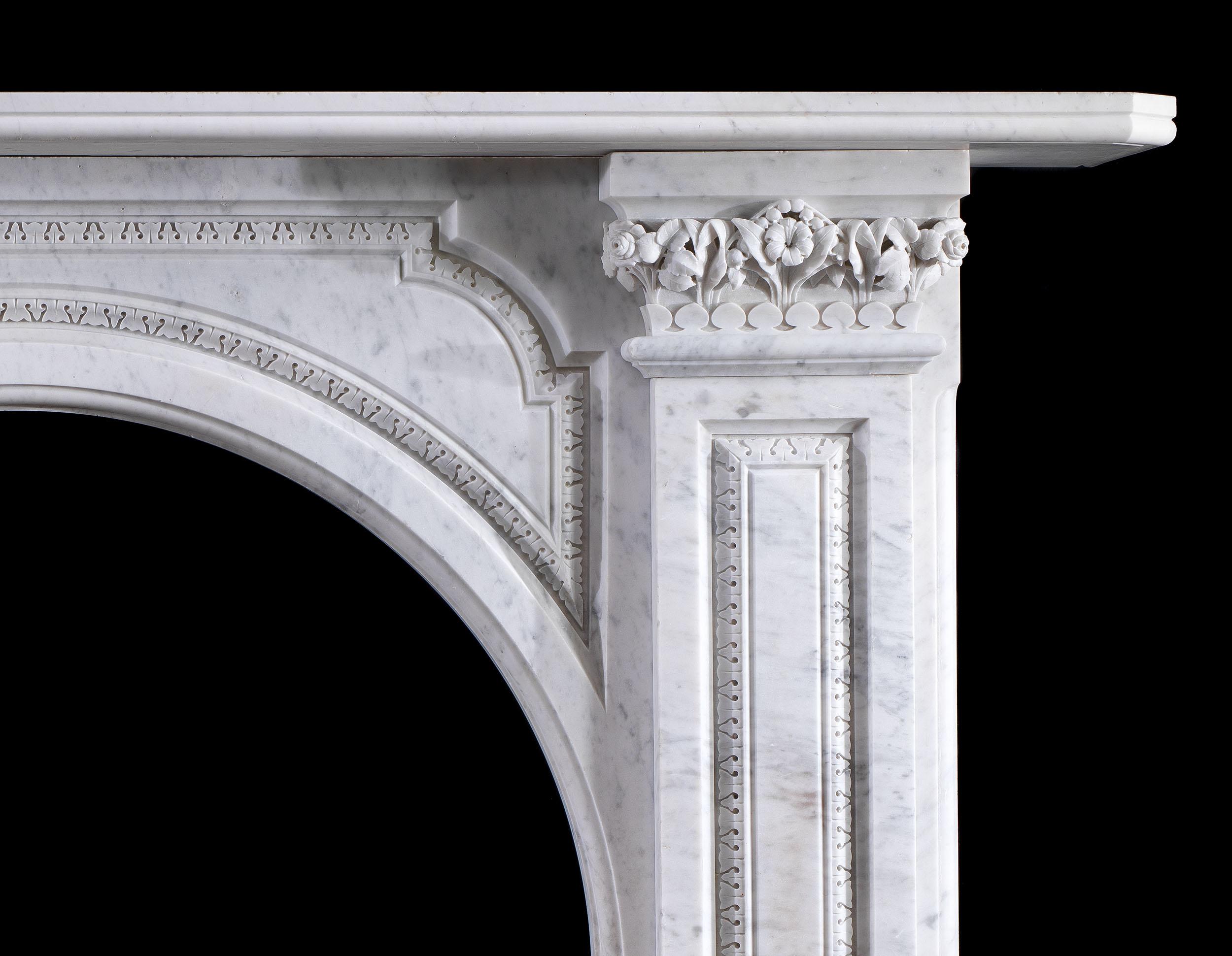 English Victorian Carrara Marble Arched Fireplace