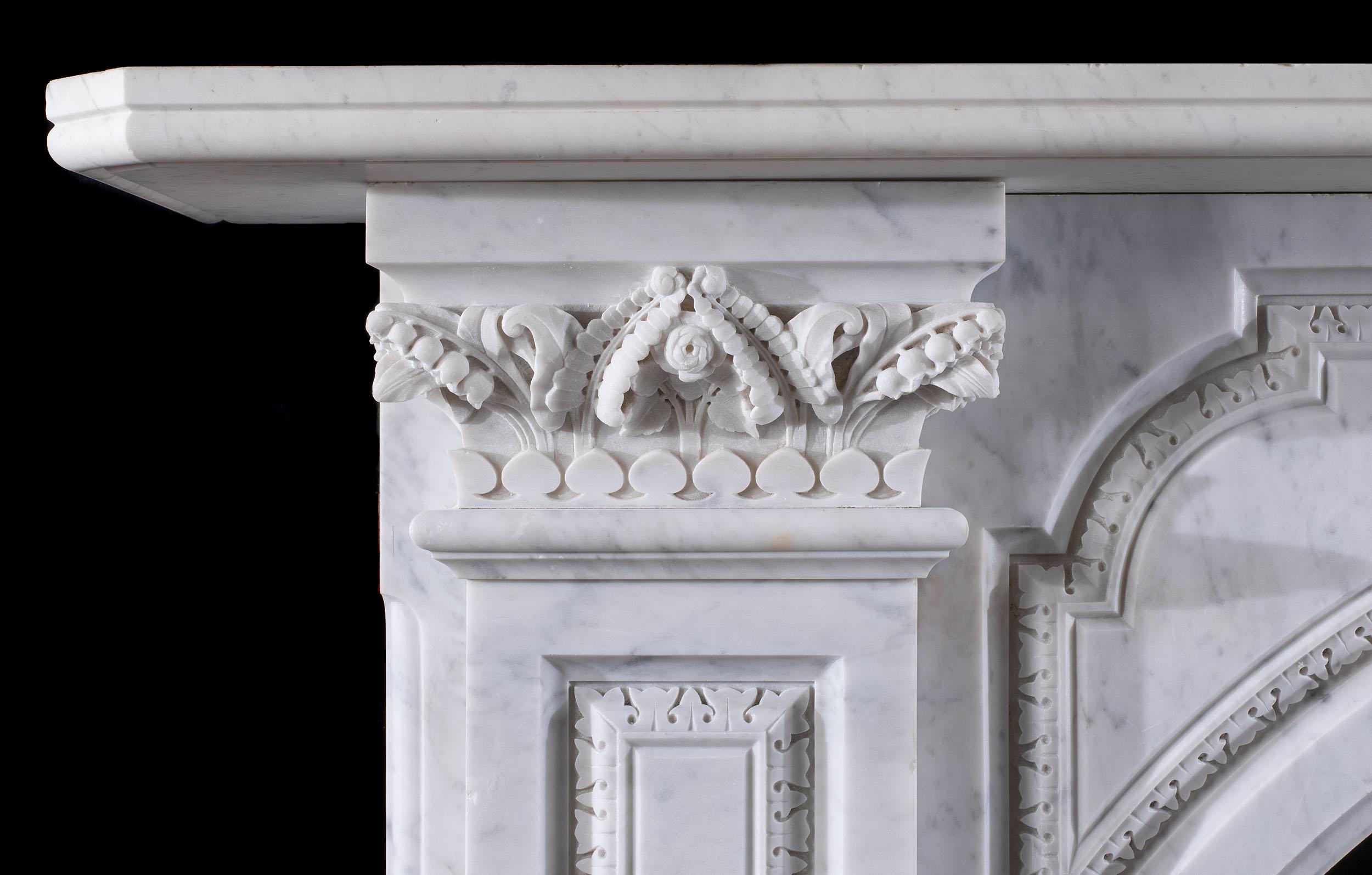 Hand-Carved Victorian Carrara Marble Arched Fireplace