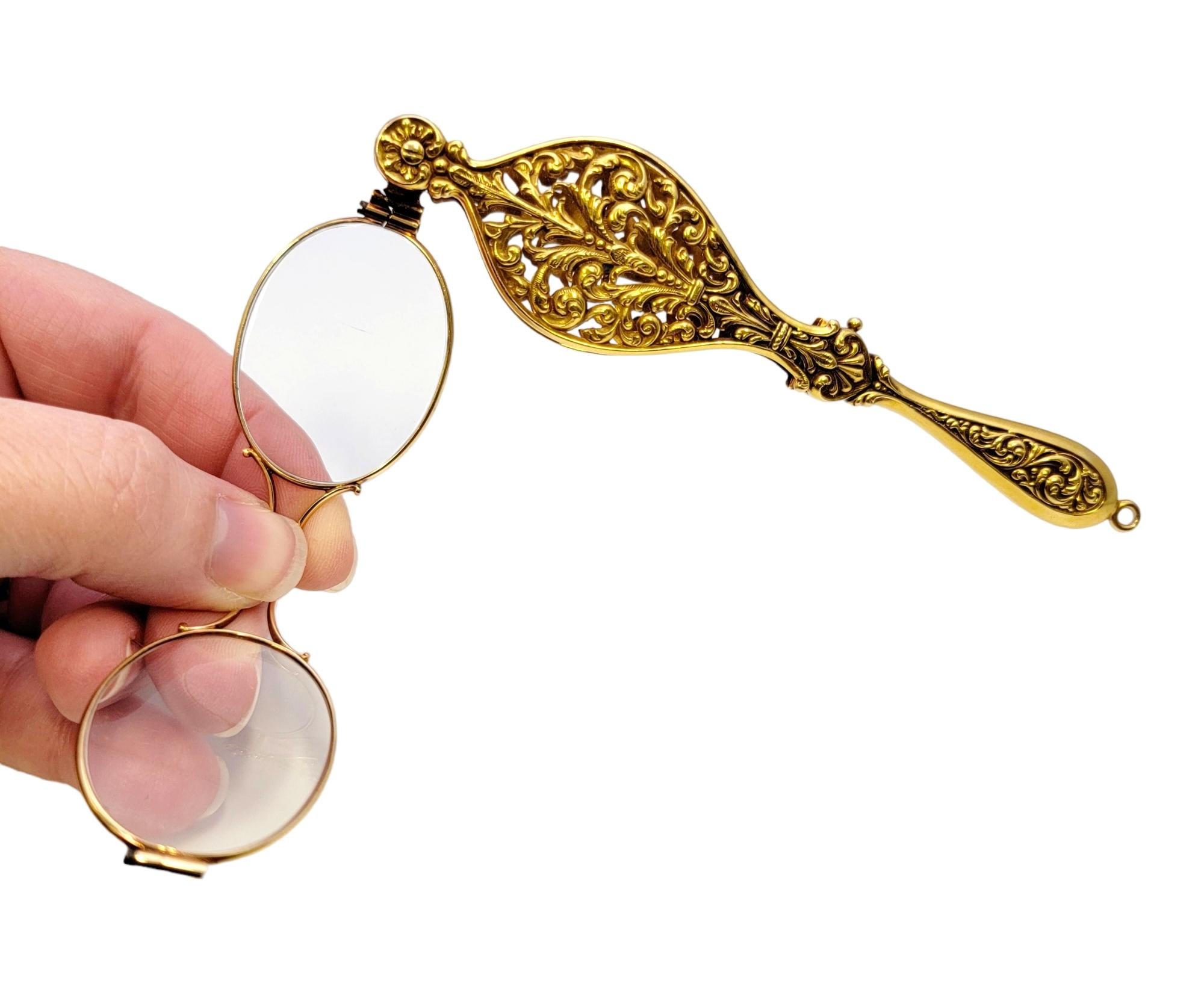 Victorian Carved 14 Karat Yellow Gold Lorgnette with Folding Reading Glasses  For Sale 5