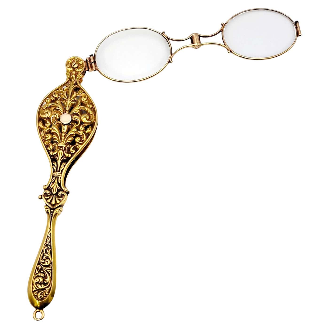 Victorian Carved 14 Karat Yellow Gold Lorgnette with Folding Reading ...