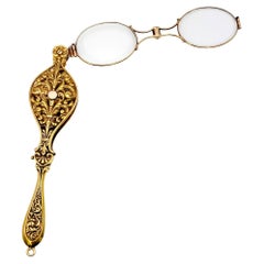 Victorian Carved 14 Karat Yellow Gold Lorgnette with Folding Reading Glasses 