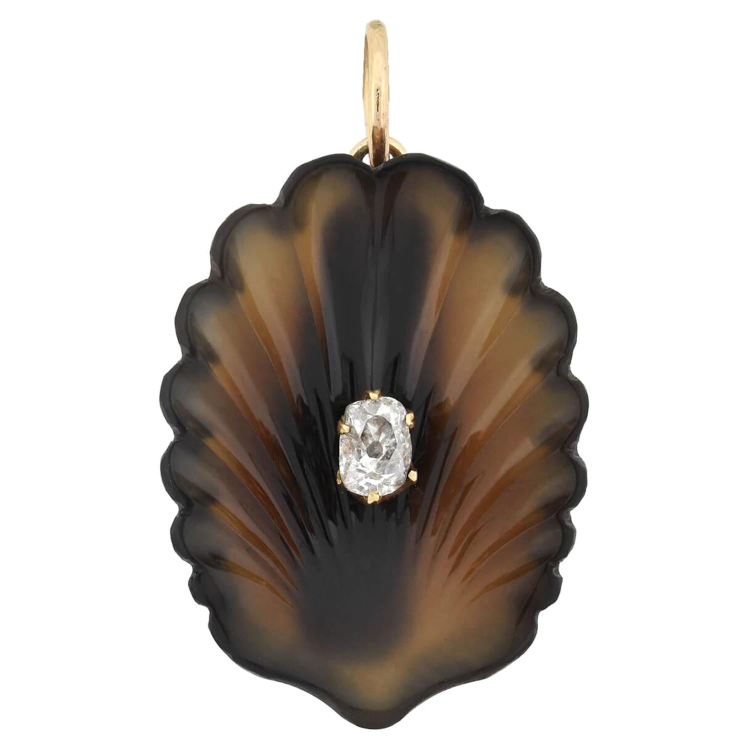 Victorian Carved Agate and 0.40ctw Diamond Shell Pendant For Sale