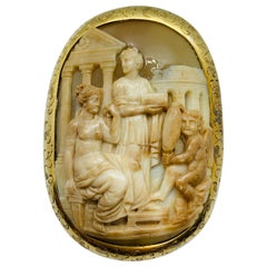 Victorian Carved Agate Cameo in 18 Karat Gold Roman Architecture Three Figures