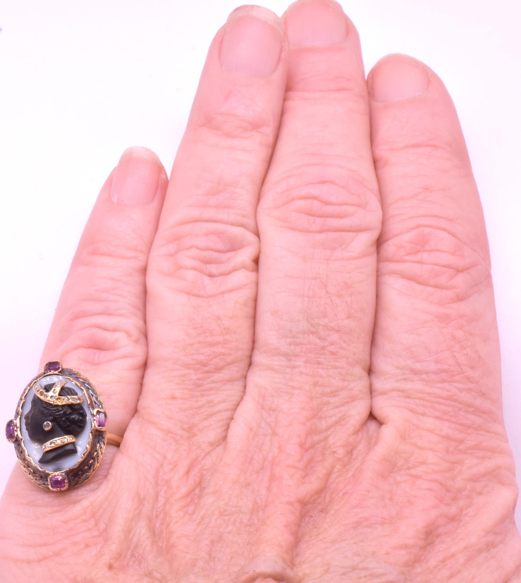 Early Victorian Victorian Carved Agate Cameo Ring of Nubian Princess w/ Diamond Studded Accents