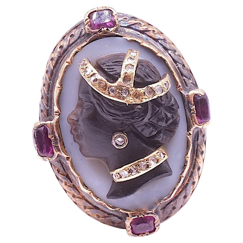 Victorian Carved Agate Cameo Ring of Nubian Princess w/ Diamond Studded Accents