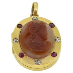 Victorian Carved Agate Ruby and Diamond Cameo Locket Pendant