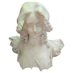 Victorian Carved Alabaster Bust of a Young Woman on a Terra Verde Marble Plinth