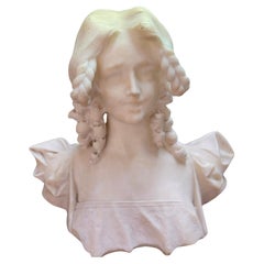 Victorian Carved Alabaster Bust of a Young Woman on a Terra Verde Marble Plinth