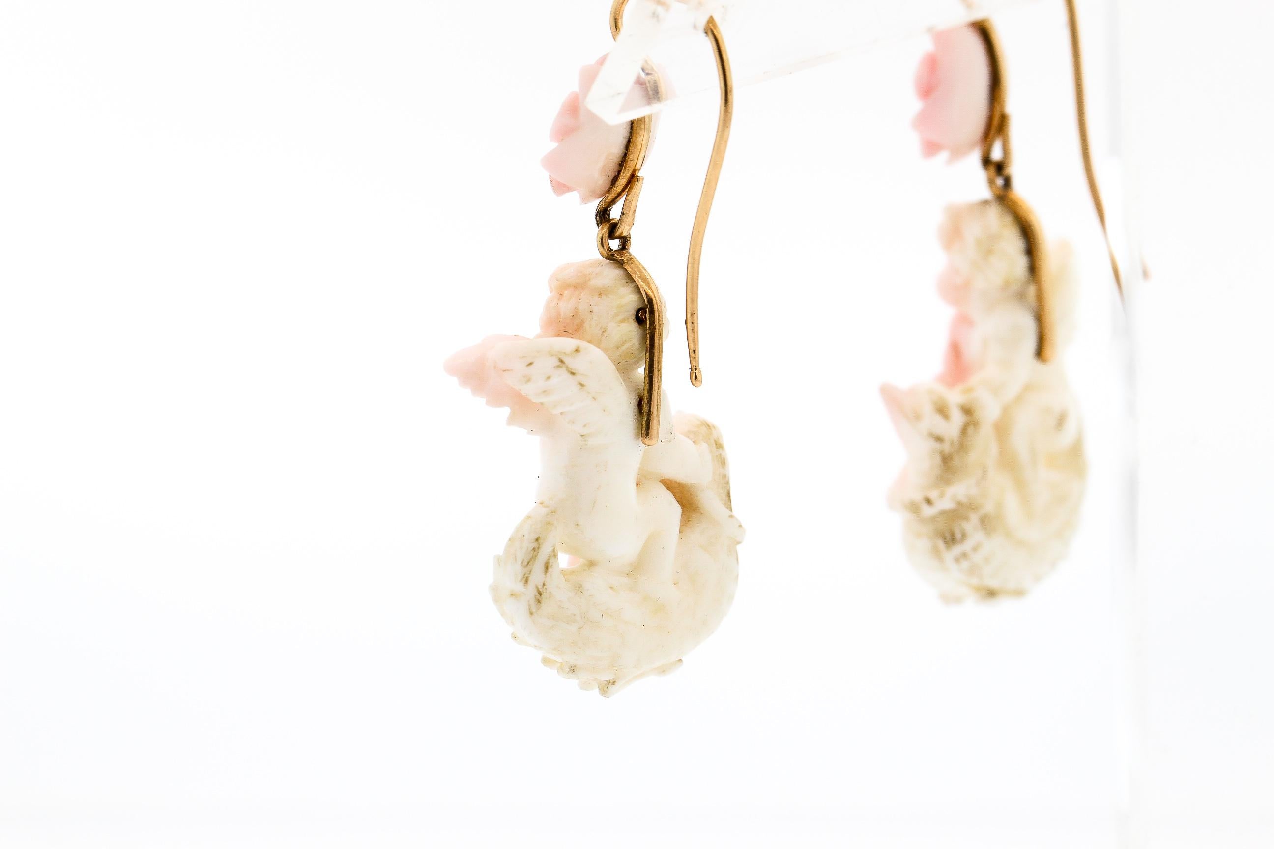 Victorian Carved Angel Skin Coral Cupid Ear Pendants In Good Condition In New York, NY