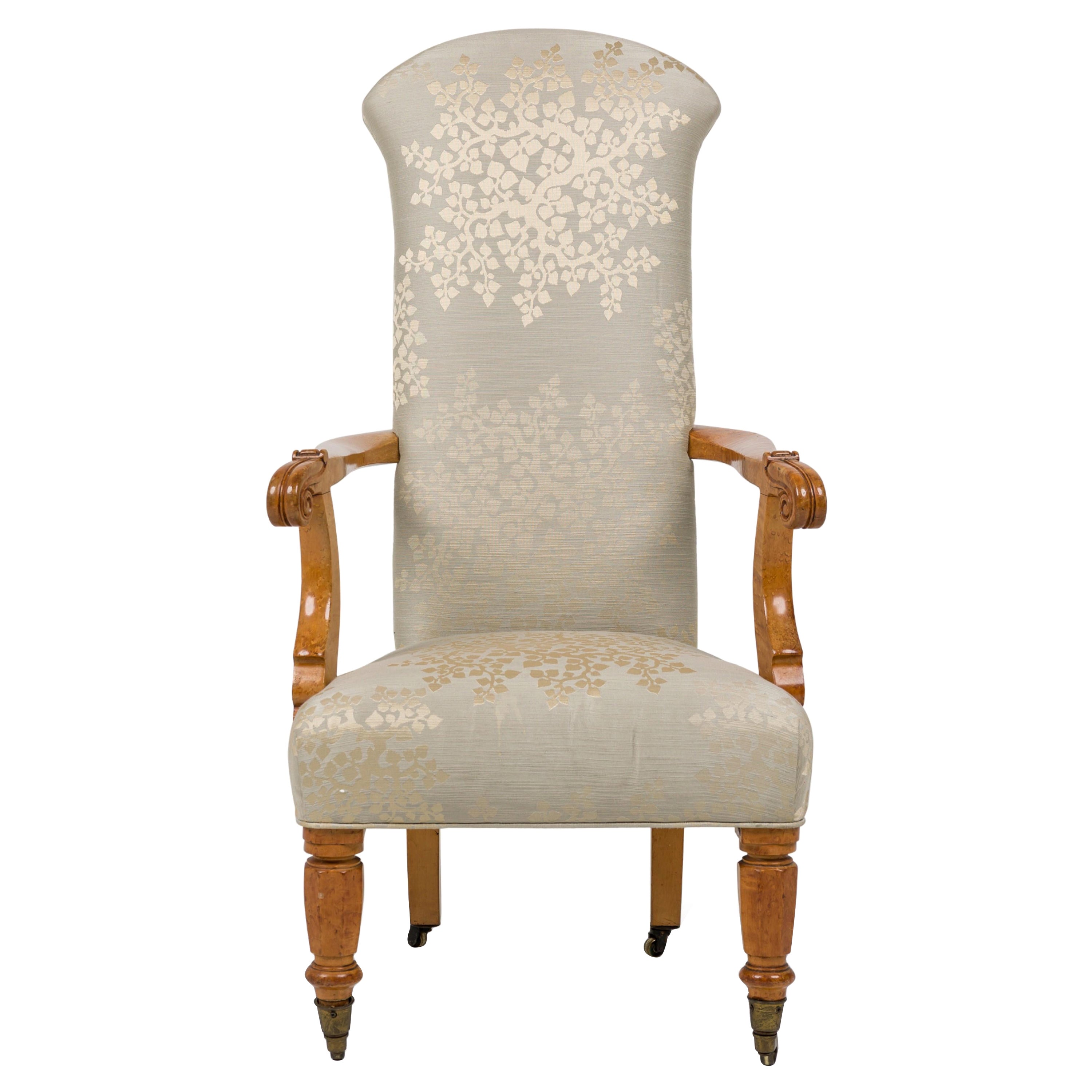 Victorian Carved Bird
s Eye Maple Armchair with Taupe Floral Damask Upholstery