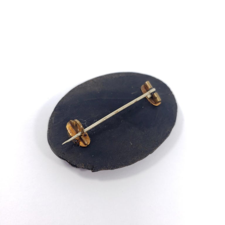 Victorian Carved Bog Oak Pin Brooch, Mourning Jewelry in Black, Brass-Tone In Excellent Condition For Sale In Milford, DE